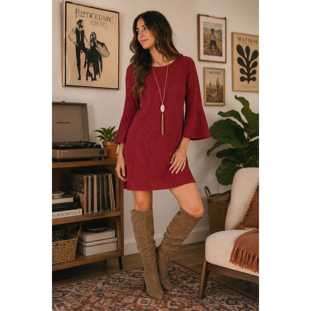 Rabbit Rabbit‎ Rabbit Womens 12 Red Textured Bell Sleeve Shift Dress Stretch